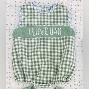 The Smocked Bear 12M Boys “I Love Dad” Sage Green & White Gingham Romper Bubble